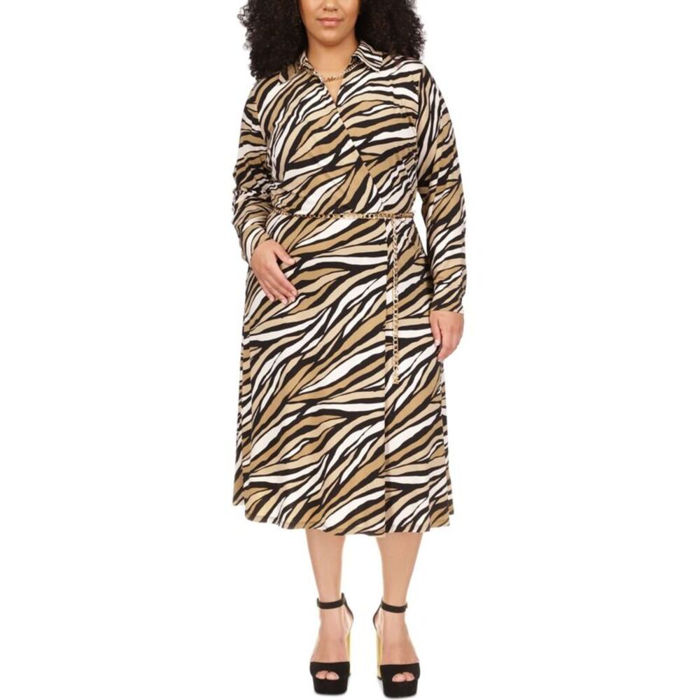 Michael Kors Womens Chain Belt Wrap Shirt Dress Dress, Beige, Plus Size, 0X, MP